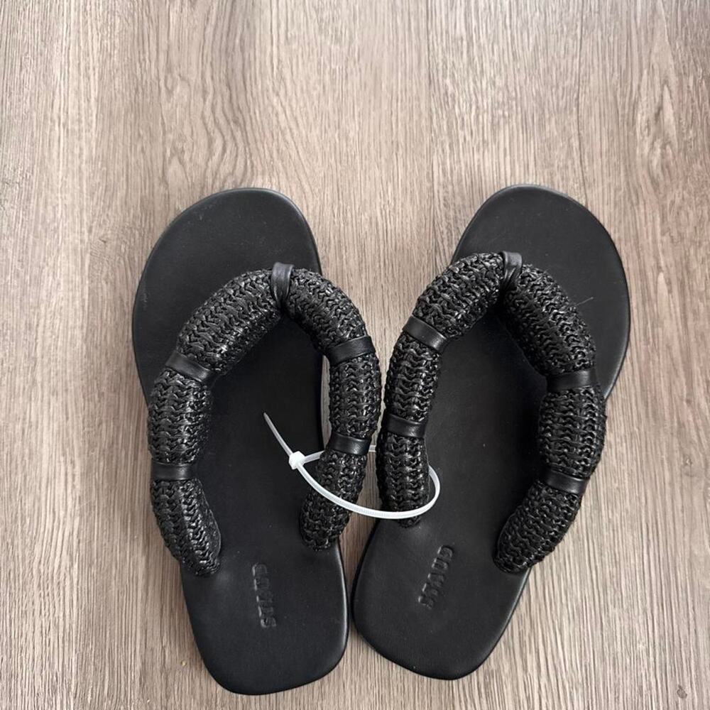 Black Leather Staud Flip Flop Sandals - Picture 2 of 3